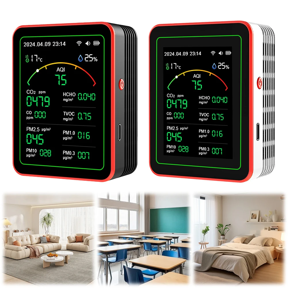 Tuya Wifi 15 em Monitor de Qualidade do ar Interno Display Tft Doméstico co Co2 Tvoc Hcho Testador Controle App Relógio Multifuncional