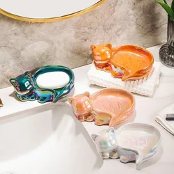 Cat Shape Ceramics Black Soap Box Soap Dish with Drain Water Storage Plate Portable Soap Dish Holder Rack Bathroom Decoration