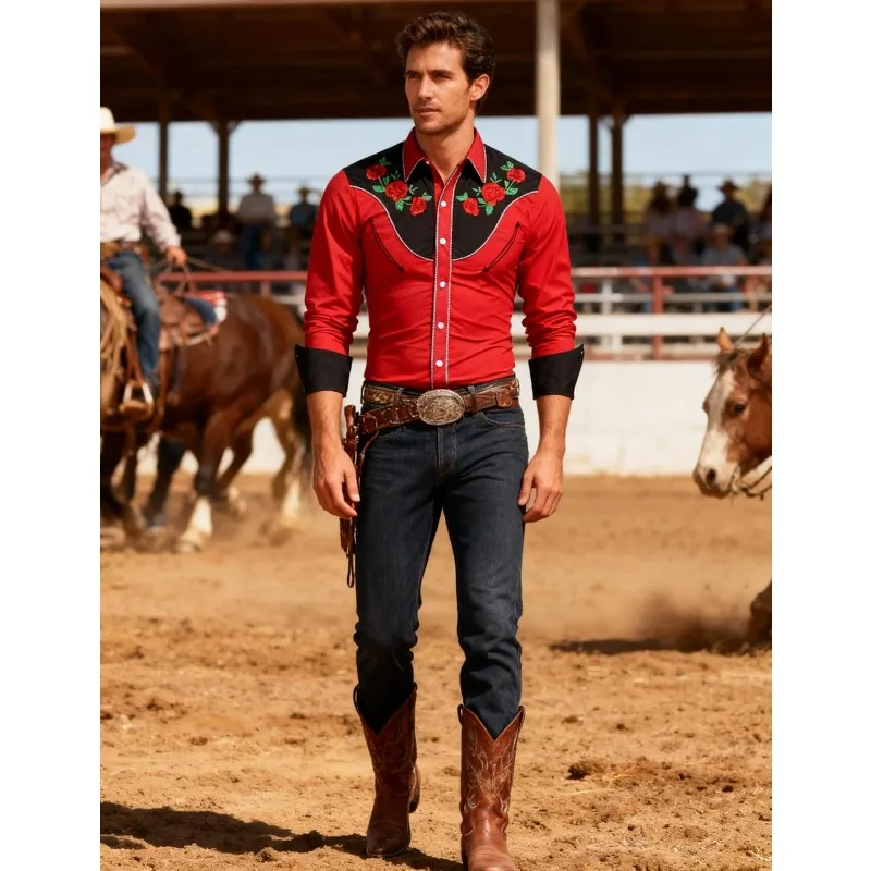 Men's Western Cowboy Shirt Long Sleeve Slim Fit Rose Embroidered Cotton Casual Button Down Shirts Fashion Street Dance Shirt view 3