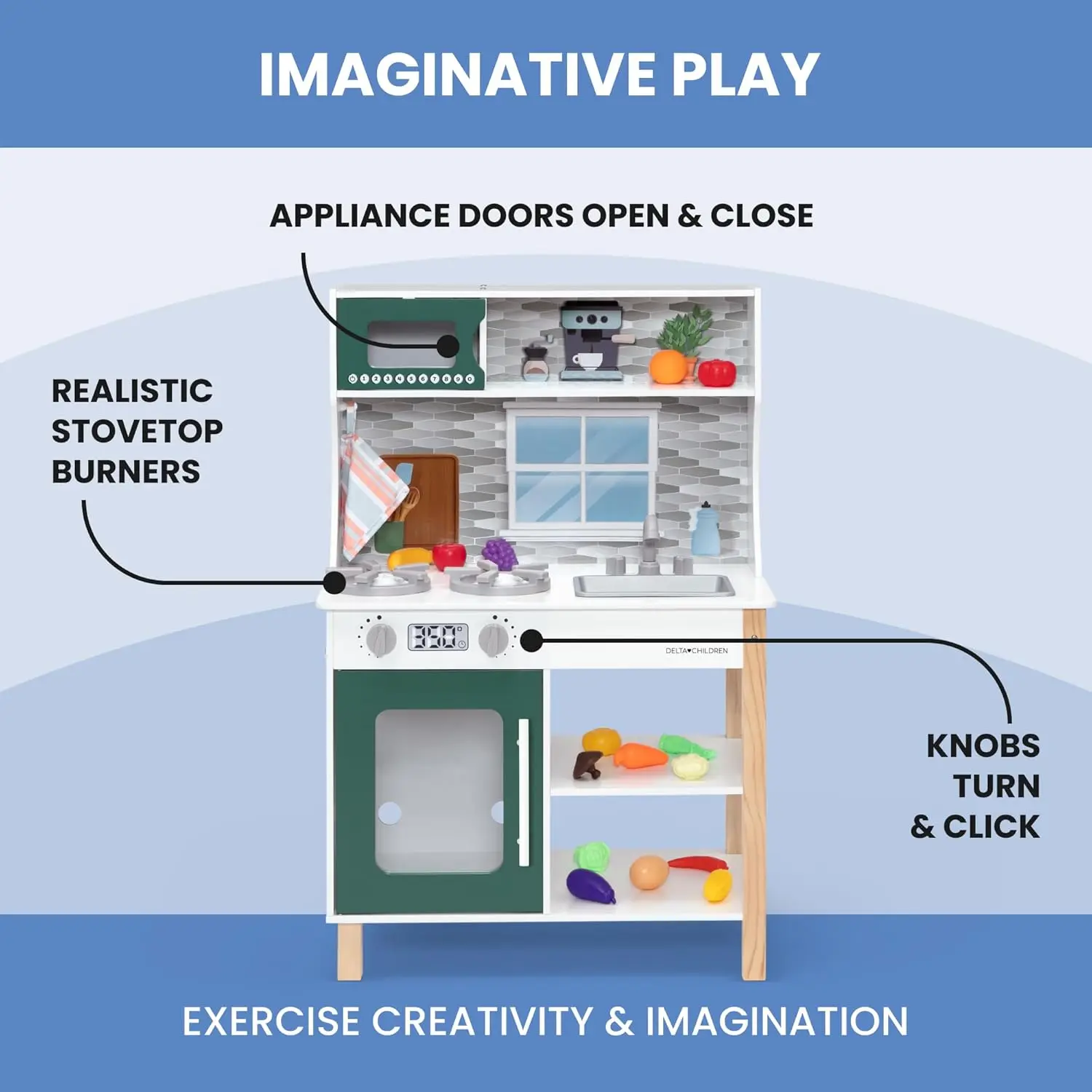 Tiny Chef Play Kitchen - Toy Kitchen Playset with Realistic Knobs That Turn/Click, Oven, Sink, Microwave and 15 Pieces of Play F