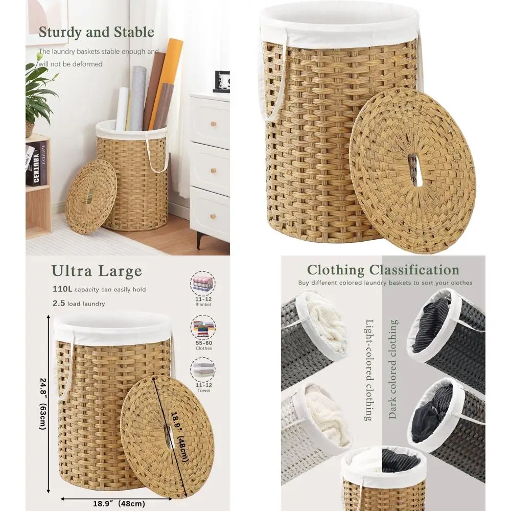 

Круглая плетеная корзина для белья из ротанга с крышкой и ручками, вместимость 29,1 галлона, 2 сетчатых мешка в комплекте, натуральный цвет