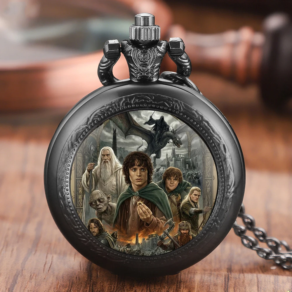 

Vintage Lord of The Ring Moive Design Golden Pocket Watch with Necklace Alloy Case Quartz Movement Watch for Men Women