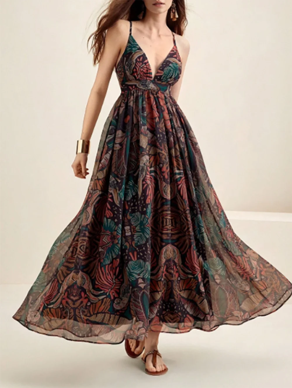 فستان نسائي صيفي بحزام سباغيتي برقبة على شكل حرف V مثير بدون ظهر مزين بالزهور فستان ماكسي لحفلات الشاطئ بوهو