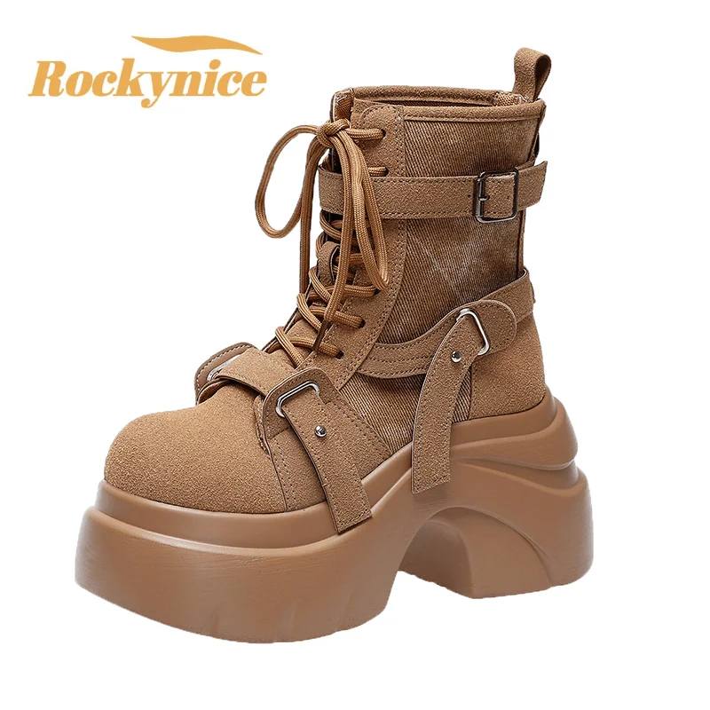 

Дизайнерские женские короткие сапоги, новые осенне-зимние замшевые массивные ботинки-гладиаторы с высокой платформой и пряжкой, готические сапоги Mujer Zapatos