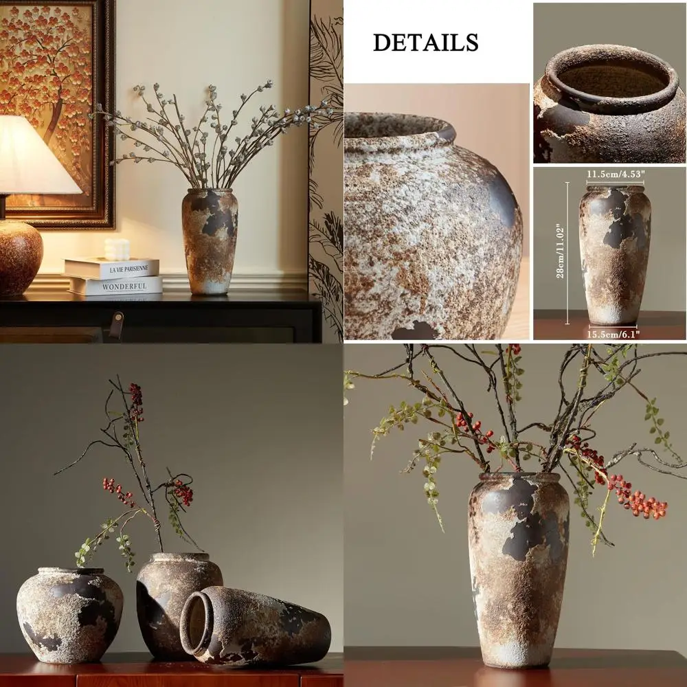 

Farmhouse Style Large Ceramic Vases for Home Decor - Rustic Tall Vase with Terracotta and Stone Accents