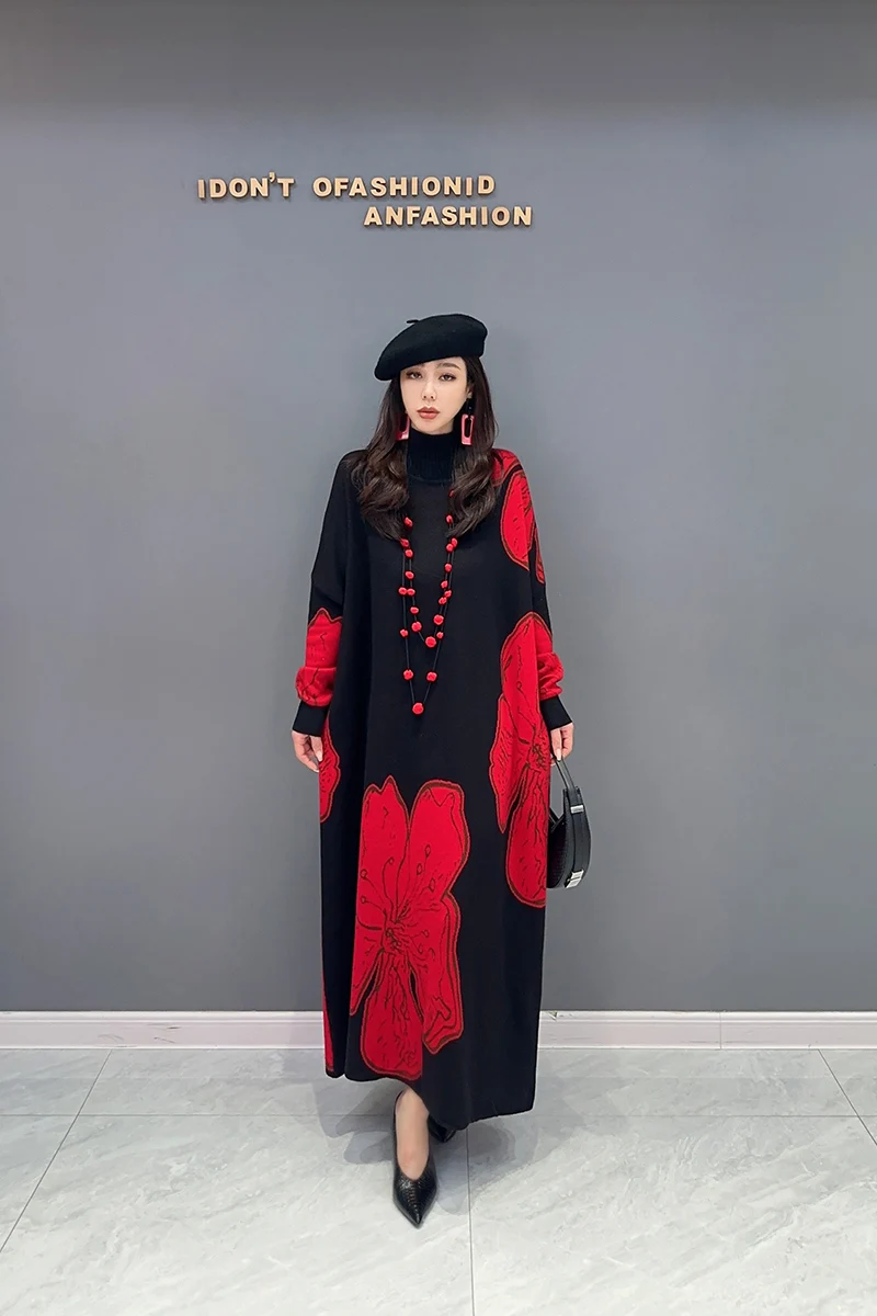 2024 Autumn New Elegant Contrast Color Knitting Loose Long Dress Women Fashion Long Sleeve Dress Wholesale J549