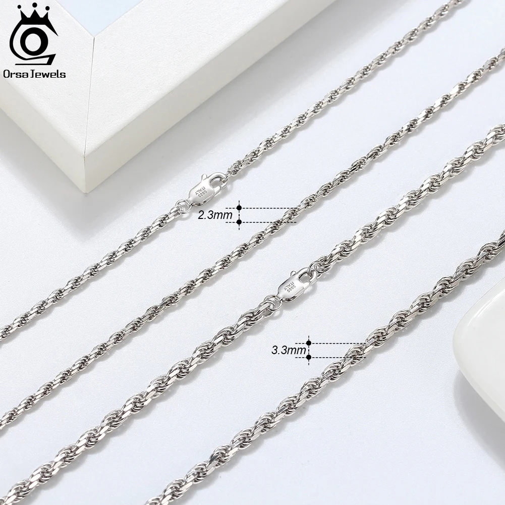 

ORSA JEWELS Simple DIY Real 925 Sterling Silver 2.3mm 3.3mm Rope Chain Necklaces for Women Men Chic Twisted Rope Chains SC29