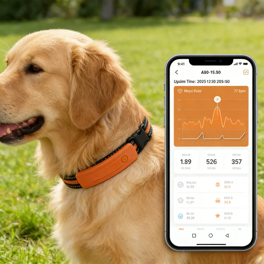 

GPS pet health tracker collar AI BCG heart rate and respiration monitor, real-time location and activity tracking