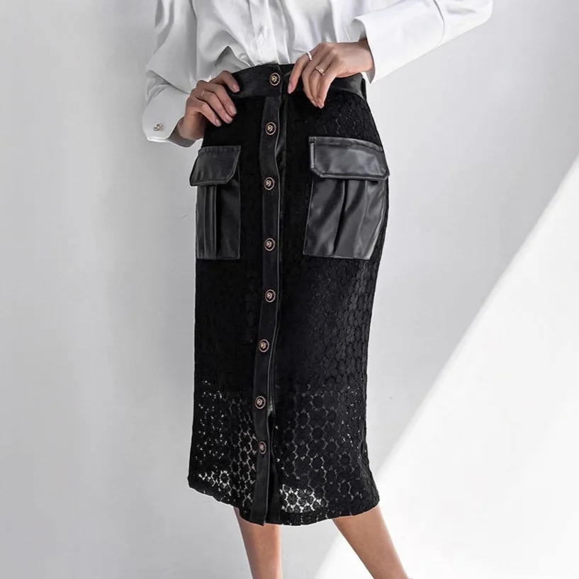 

Lace Autumn Women's Leather Skirt Black High Waist Button Big Pockets Bodycon Skirt For Female Commuting Office Lady's Skirt