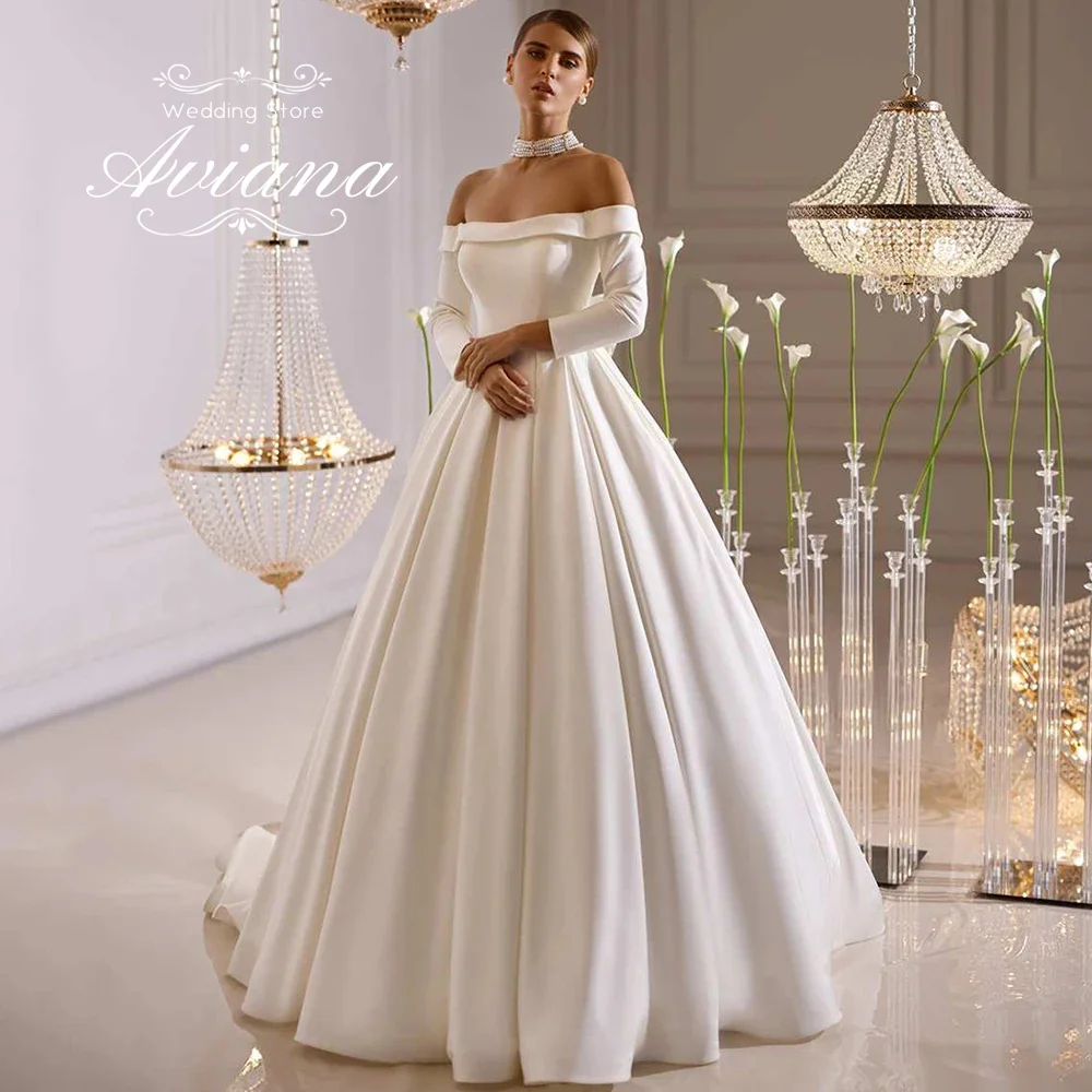 

Атласное бальное платье Aviana с открытыми плечами и длинными рукавами по индивидуальному заказу, корсет сзади, длиной до пола, свадебное платье, элегантное вечернее свадебное платье