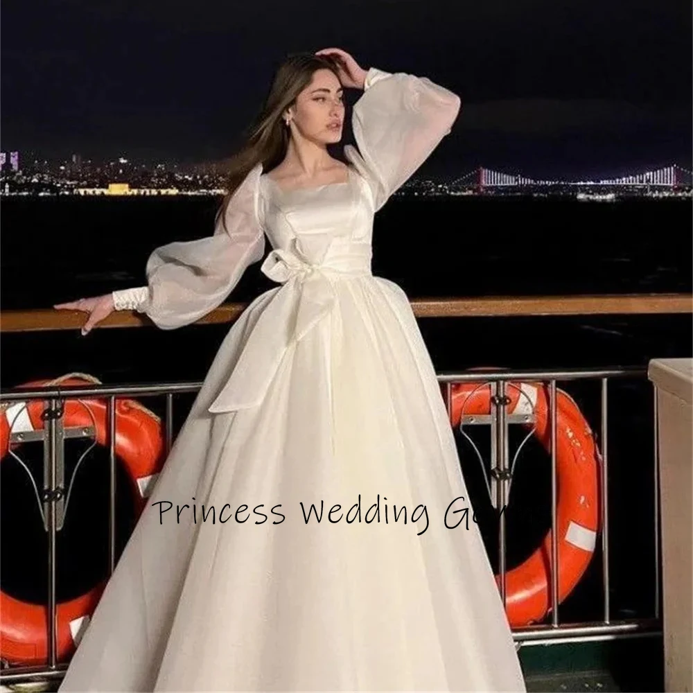 Customized White Satin Evening Gown Square Collar See-through Puff Sleeves A-line Bow Floor length Wedding Pageant Dress