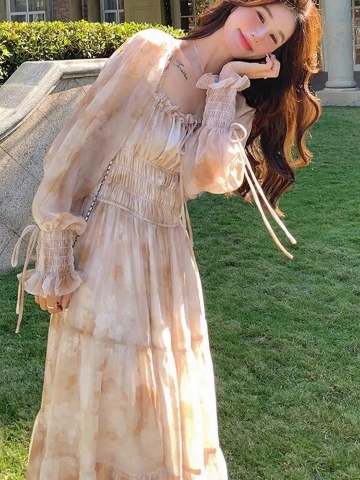Lush Vintage Style Long Sleeve Floral Print Maxi Dress Spring Autumn Loose Fit Knee Length Chiffon Gown Elegant Feminine
