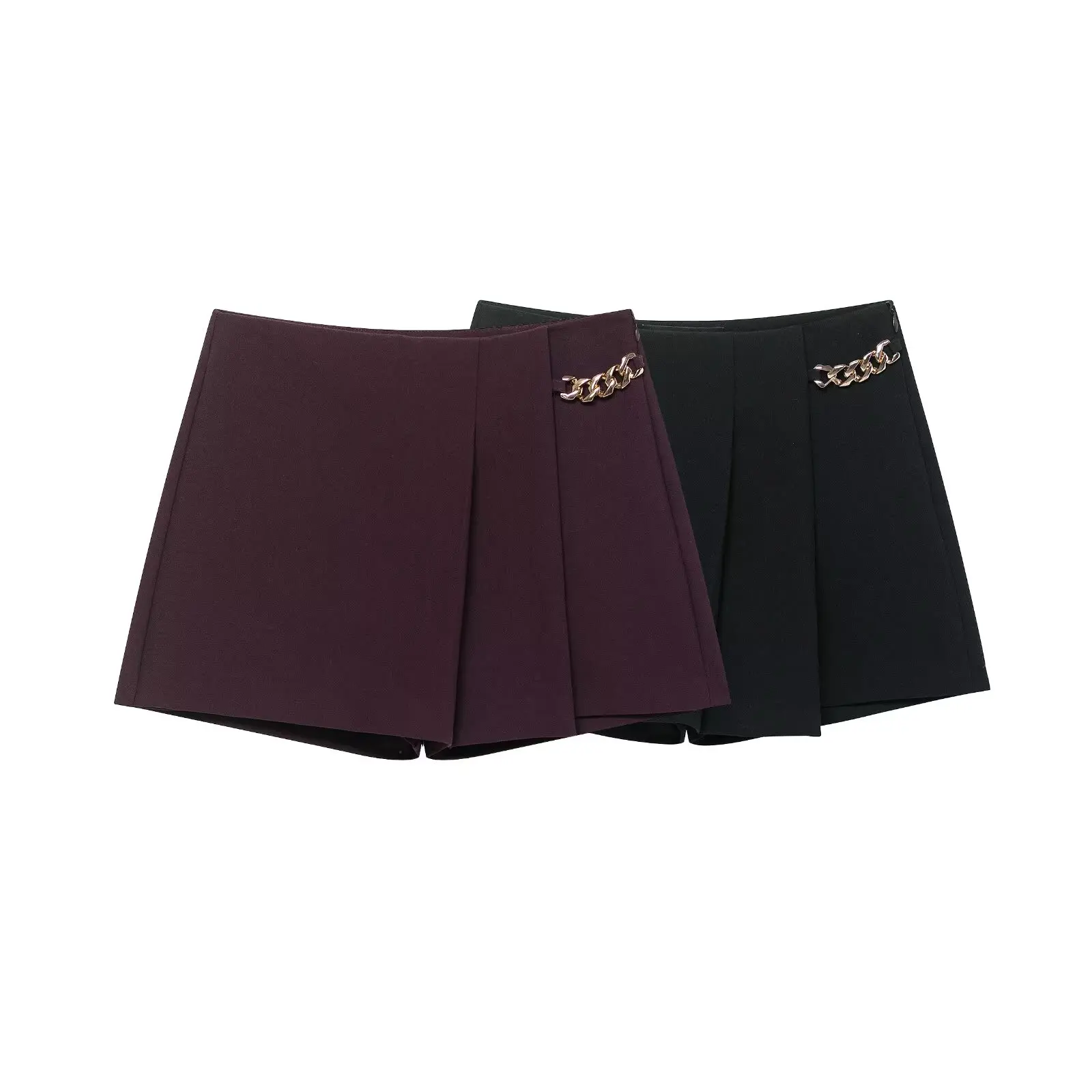 ZEVITY 2026 Women Fashion Wide Pleated Chain Design Mini Skirt Shorts Lady Side Zipper Hot Shorts Chic Pantalone Cortos QUN9503