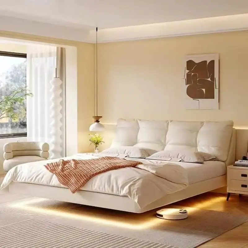 

Soft Beige Design Double Bed Frame Led Simple White Storage Double Beds Luxury Pliable Modern Camas Queen Bedroom Furniture