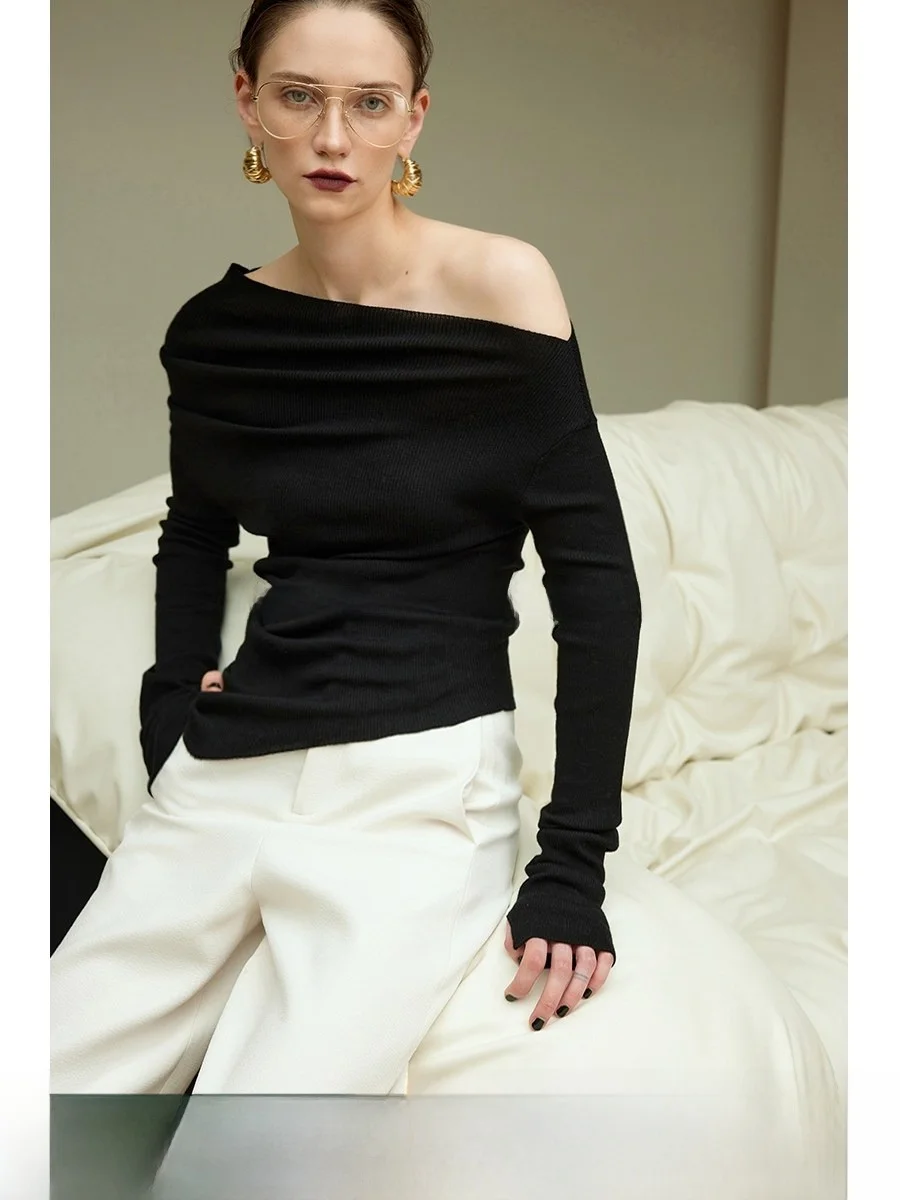 

Mogas Heavyweight 8-Needle 00% Pure Wool Asymmetric oulder Bared One-oulder Top Slimming Base Knitted Sweater Women Spring