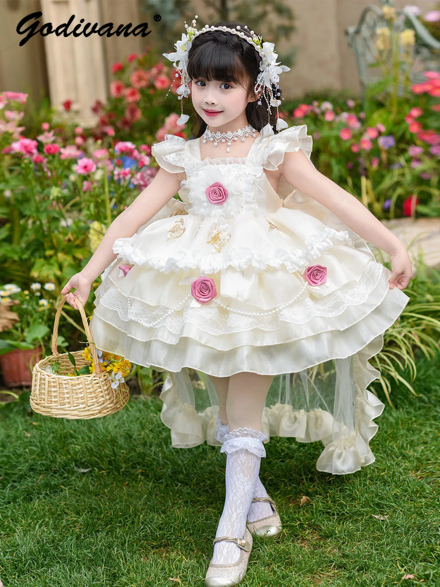 

Baby Girls Princess Lolita Dress Kids 2026 New Summer Heavy 3D Floral Feifei Sleeve Lace Trim Pearl Bow Train Tutu Birthday Gown