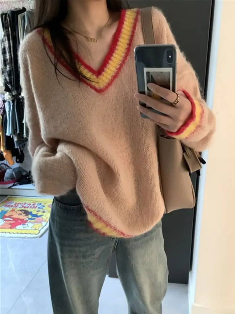 

Alien Kitty Korea Knitted Oversize Sweaters Women V-Neck Full Sleeve 2023 Chic Office Lady Autumn Pullovers Loose High Street