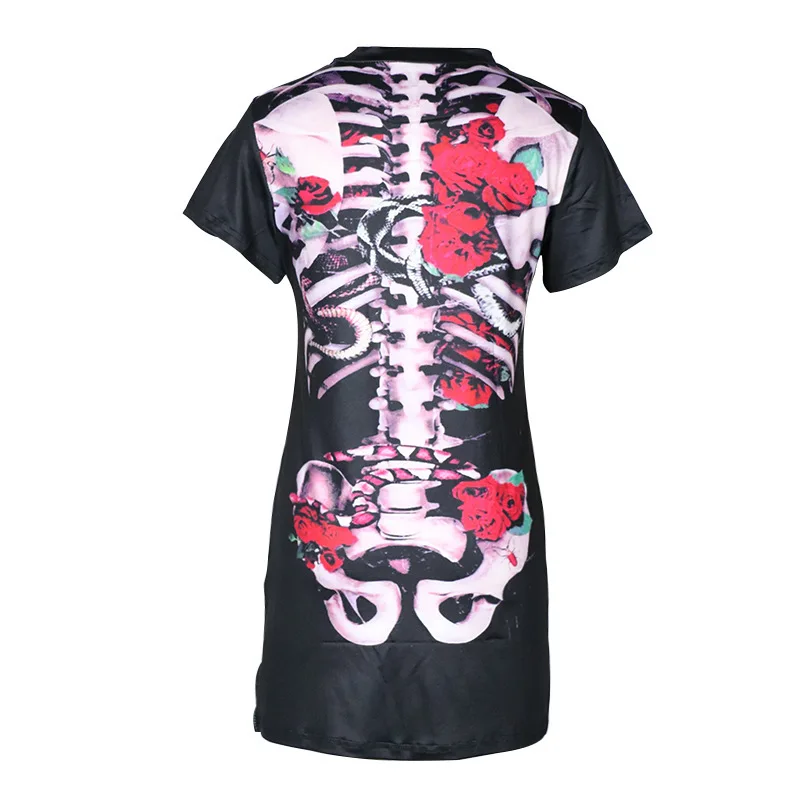 Halloween Women's Gothic Skull Bones Cosplay Party Costume Skeleton Printed Short Sleeve Mini Dress Streetwear Horrible Dresses