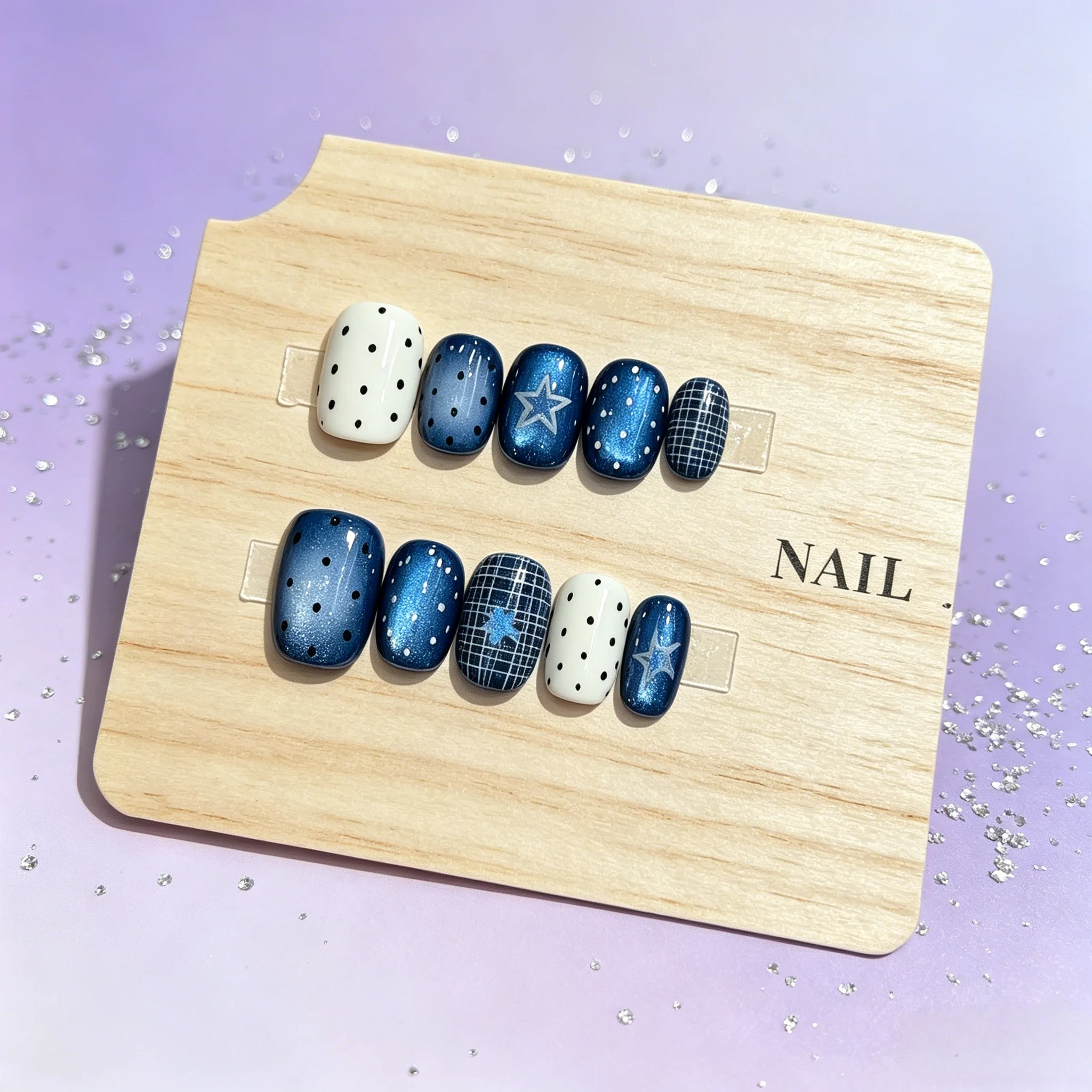

10pcs Blue Starlight Polka Dots Handmade Nails Korean Summer Cat-Eye Press on Nail Short Square Fake Nail for Women&Girl Nails