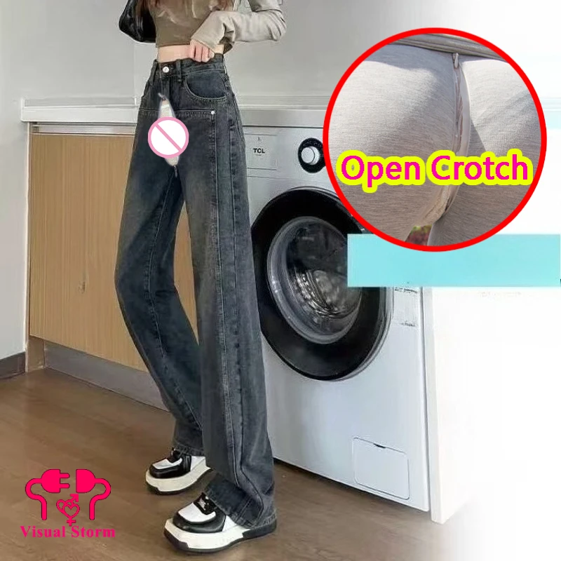 Women Open Crotch Jeans Wide Leg Fleece Lined Winter Crotchless Pants Hidden Zipper Loose Tummy Casual Floor Figure Flattering