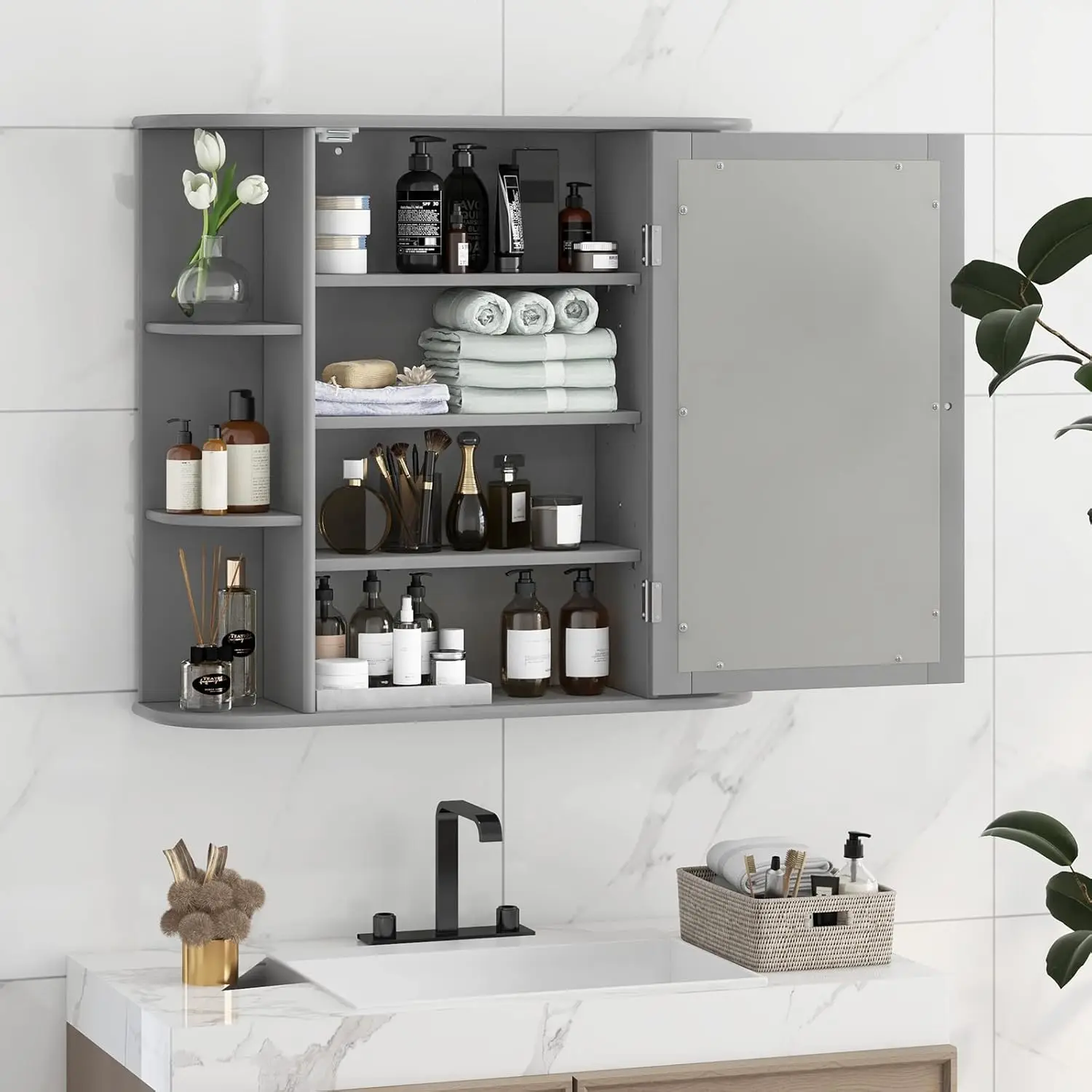 Tangkula Bathroom Medicine Storage Cabinet with Mirror Wall Mounted W/Mirror Door 6 Open Shelves Adjustable Shelves Gray