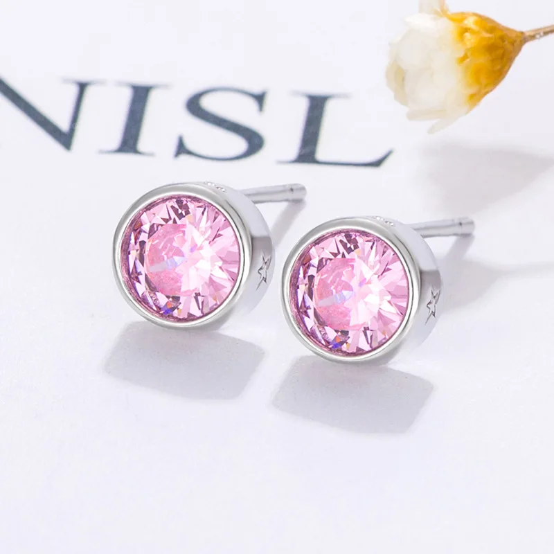 Mystic Rainbow Zircon Classic Round Stud Earrings For Men Women Silver Color Purple Pink White Stone Small Ear Studs Jewelry CZ