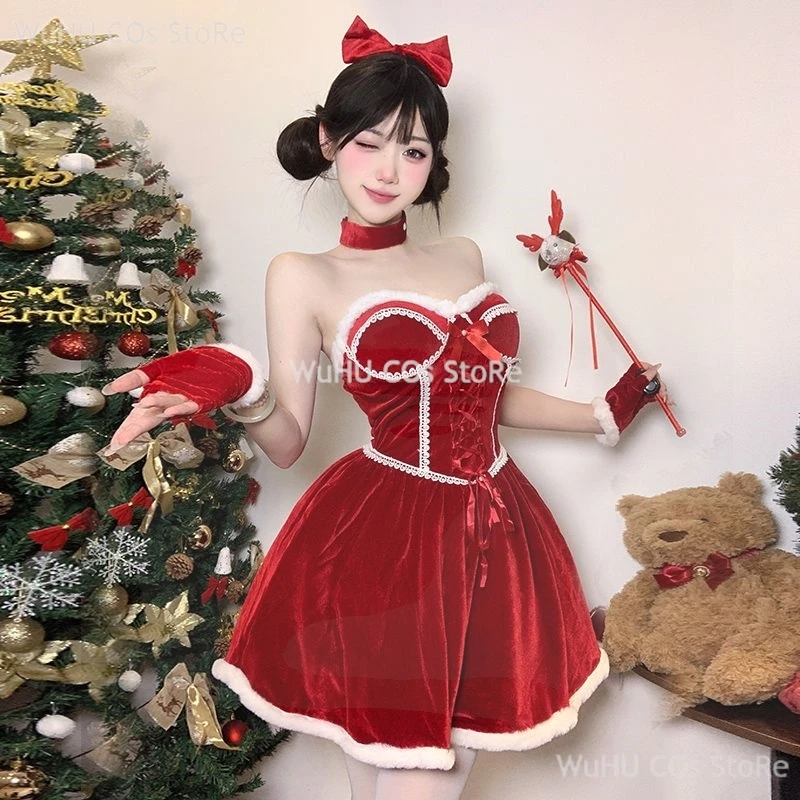 

2024 Christmas Female Santa Claus Series Costume Xmas Party Snow Elk Girl Red Dress Cloak Rope Unifrom Sexy Pajamas Cosplay