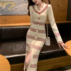 French Style Striped Dresses Women's Clothing Slim V-Neck Autumn Winter Contrasting Colors Elegant Bag Hip Knitted Midi Dress