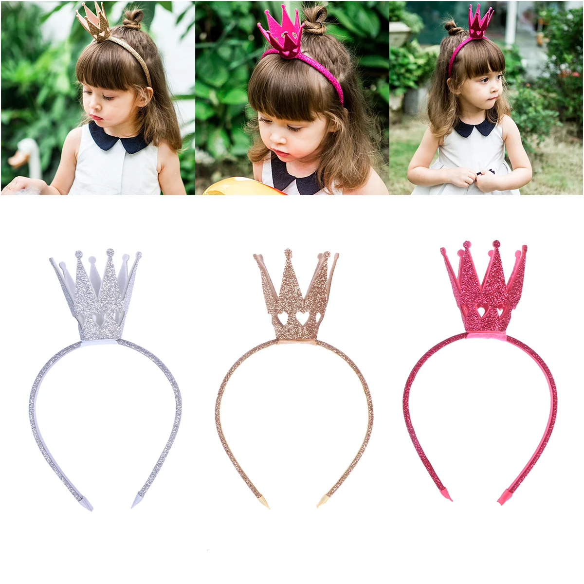 3 Pcs Crown Headband Stereo Glitter Hair Hair Loop Hair Clasp Hair Band Hair Accessories for Children(Gold + Silver )