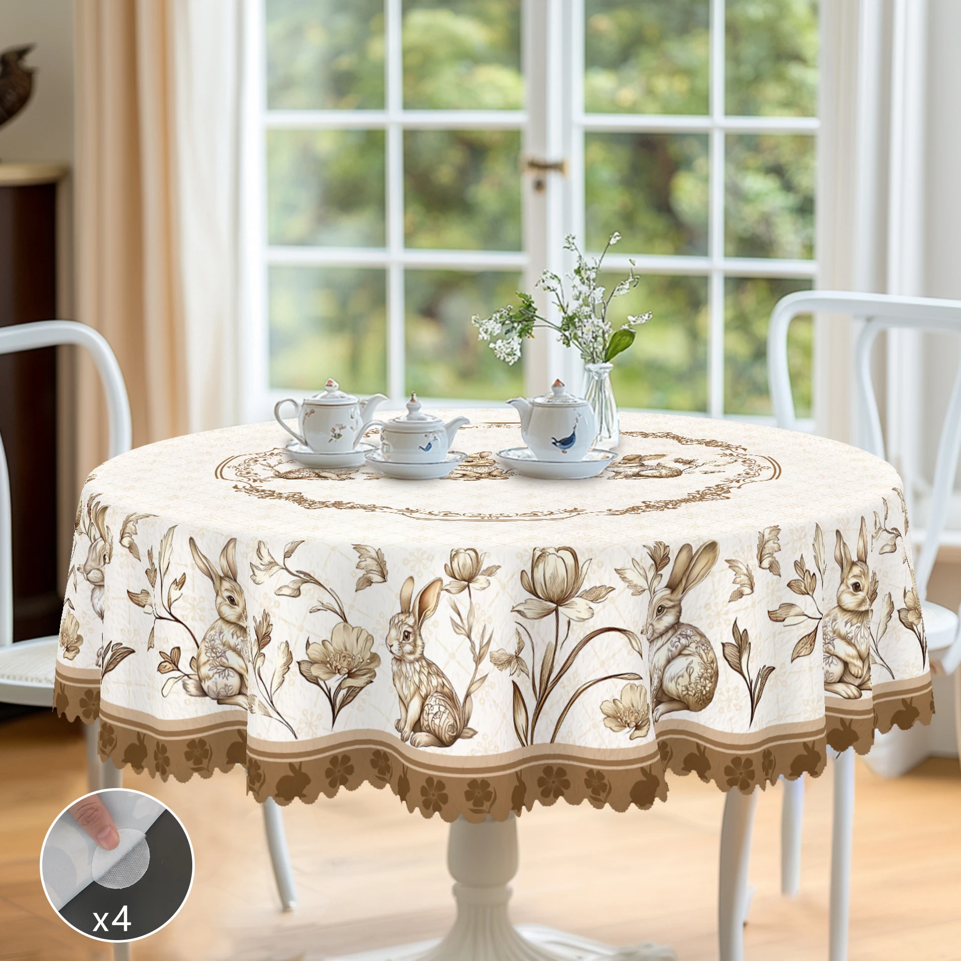 1 Stück runde Oster-Tischdecke, erhältlich in 5 Größen, elegante quadratische Tischdecke mit Osterhase-Motiv, geprägtes Kanten-Design, Oster-Frühlingsgarten-Tischdecke, geeignet für den täglichen