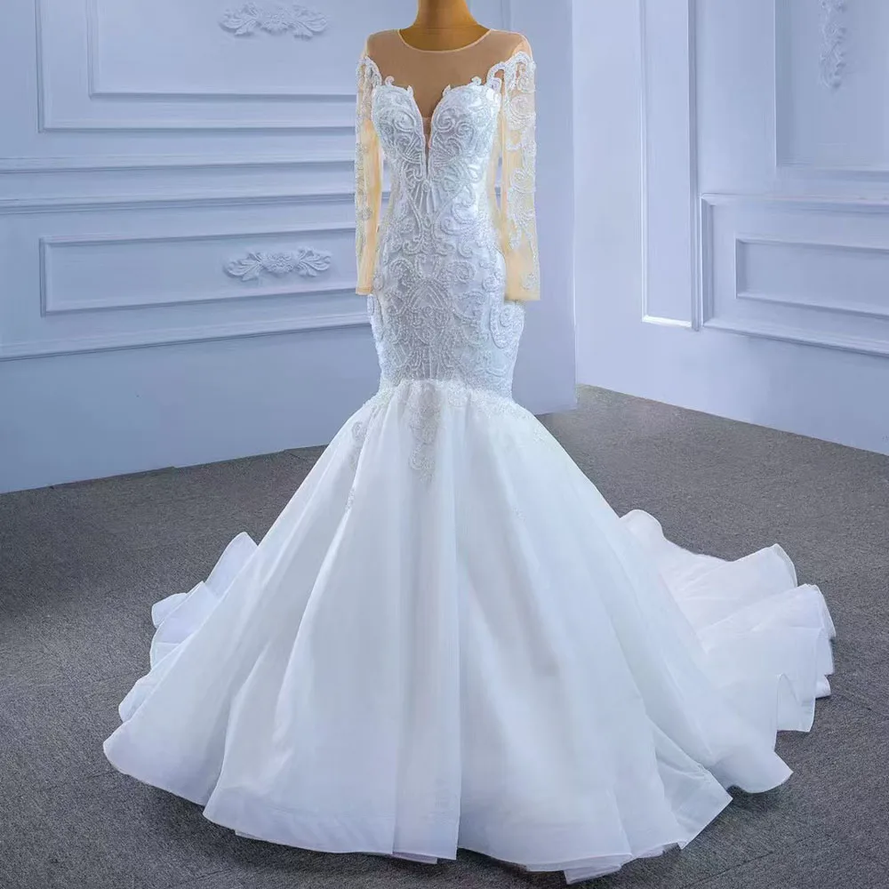 Customized O-Neck Bridal Wedding Dress Long Sleeves Lace-Up Back Embroidery Mermaid Gown