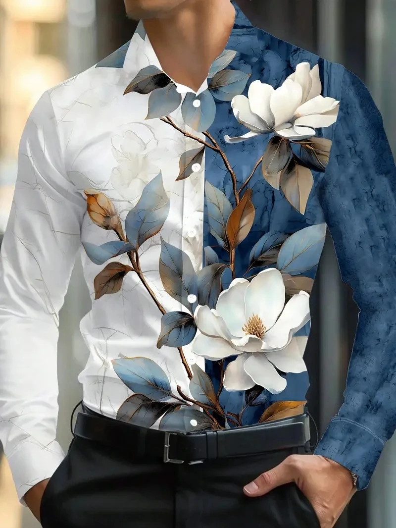 2025 Luxury Men's Floral Print Button Down Shirt Autumn Slim Fit Long Sleeve Collared Shirt Plus Size Men's Lapel Blouse Clothes