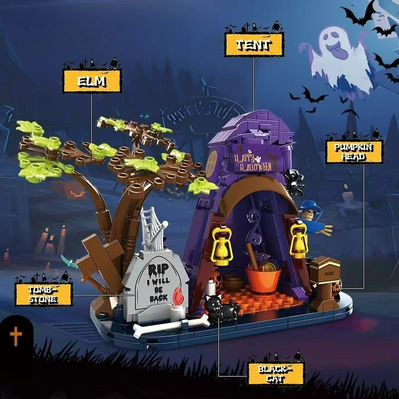 MOC Halloween Haunted House Model Building Blocks Kit Tilt Roof Ornaments Creative Bricks Assembled Puzzle DIY Toy Children Gift
