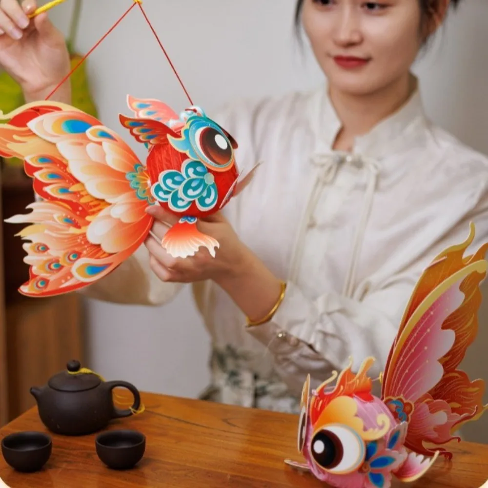 3D Middle Autumn Festival Lantern Fish Paper DIY Lantern Material Kit Luminous Hand Made Ancient Style Handheld Lantern Women