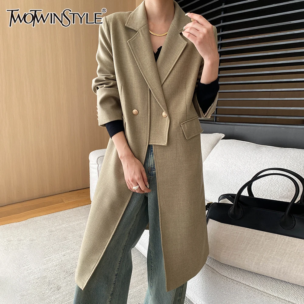 TWOTWINSTYLE Patchwork Pocket Chic Blazer For Women Notched Collar Long Sleeve Spliced Button Casual Coats Female Fashion New