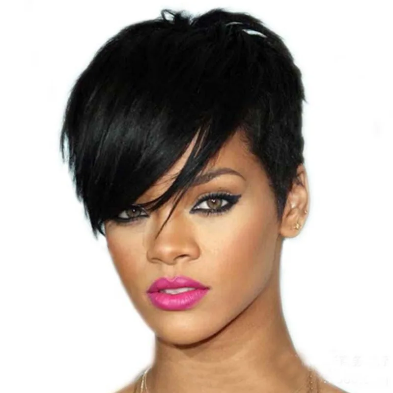 Parrucca per capelli corti lisci in fibra sintetica nera per spettacoli teatrali da donna realizzata in seta resistente alle alte temperature