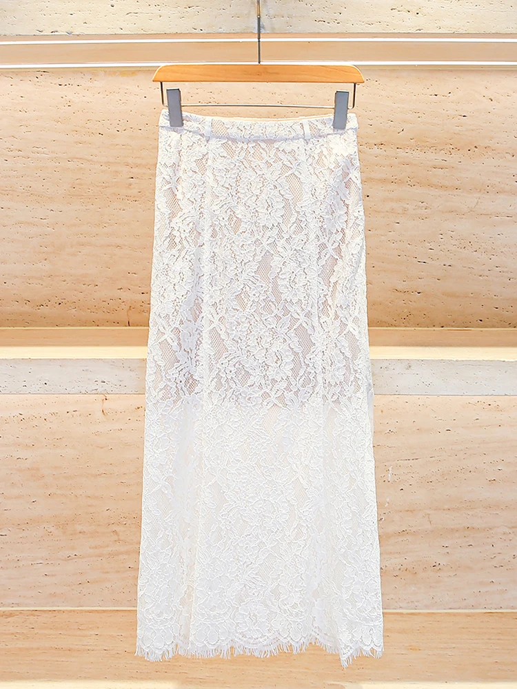 

Ele White High Waist Fi Tail Lace f Skirt Women's Premium Faion Commute Sle Simple Design Polyester Fiber Skirt