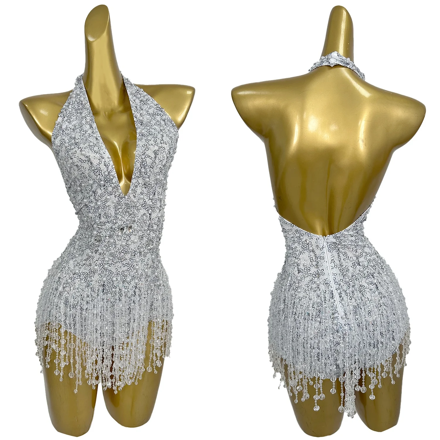 Sexy Spandex Crystals White Bodysuit Birthday Celebrate Party Evening Bar Stage Performance Outfit Deep V Neck Bodysuit Bingzhui