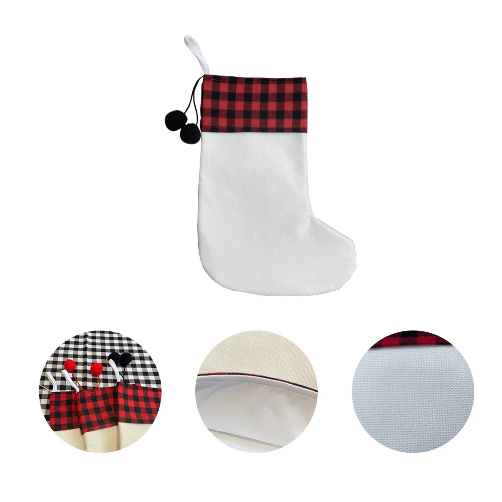 Cotton Hemp Heat Sublimated Blank Christmas Stocking Strap Hydrangea Holiday Decorations Gingham Stocking Along Gift Bag