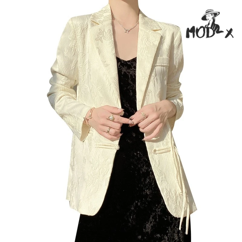 MODX-Chinês Jacquard Textura Terno Jacket Temperamento Commuter Estilo Fivela V-neck Solto Início da Primavera New Hot 2024