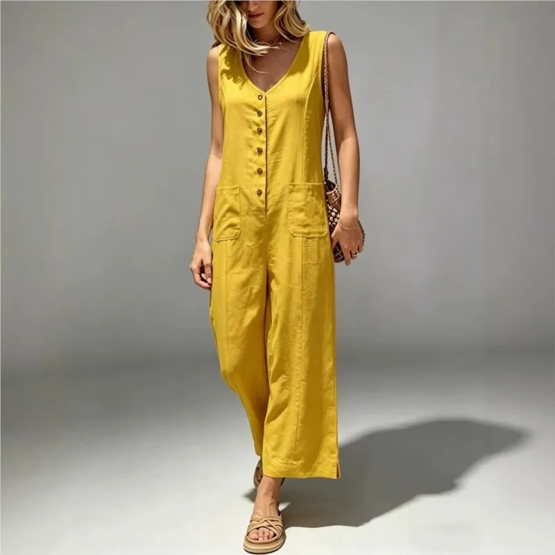 Fashion Women's Jumpsuits V-neck Sleevess Single-breasted Pocket Wide Legs Pants 2026 Summer Casual Resort Female Rompers Pants