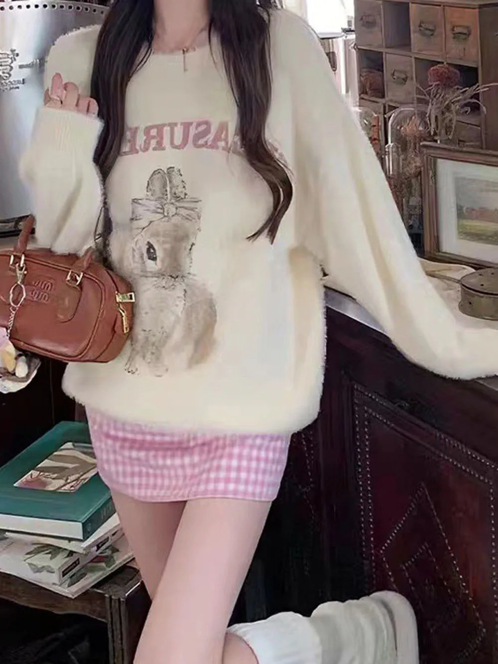 Sweet Women\'s Knitted Sweater Spring Plush Imitation Mink Fur Fabric Cartoon Rabbit Print Cardigan Single Breasted Outwear