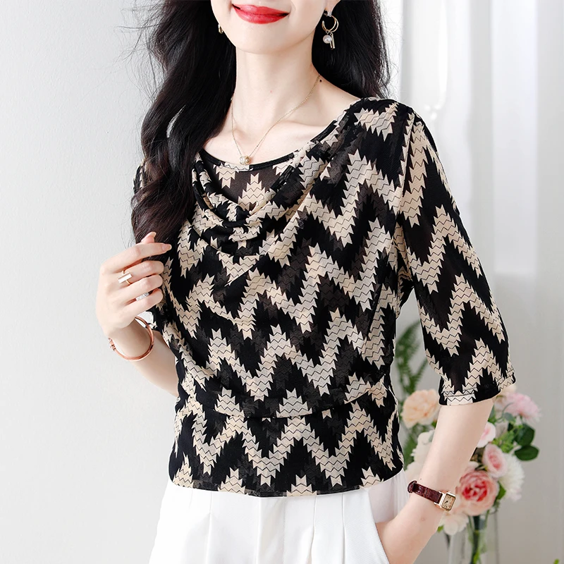 Women Summer Korean Fashion Slim Wave Lace O-neck 3/4 Sleeve Chiffon Shirts Women Clothes Casual All-match Appear Trend Tops