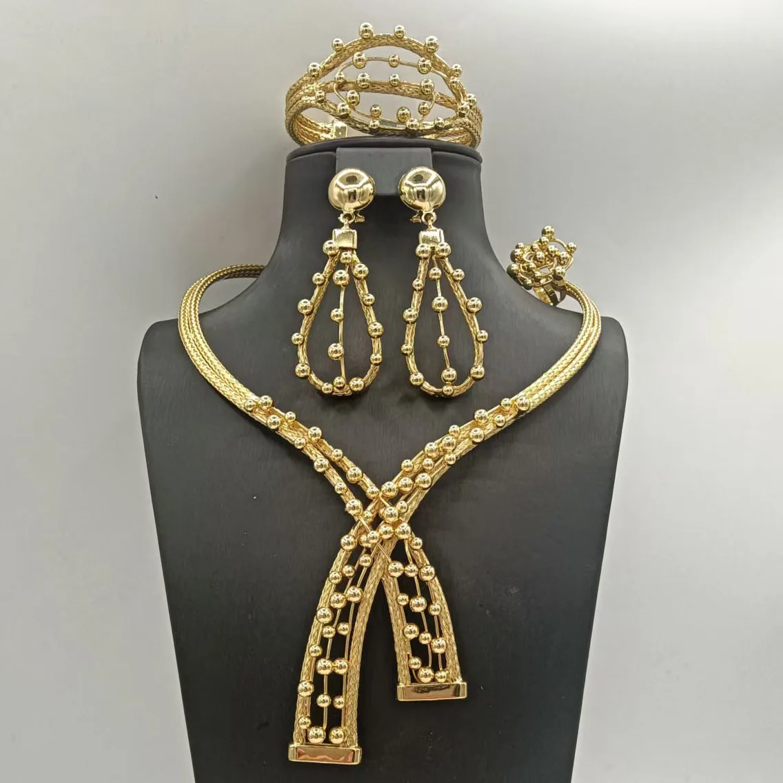 Special Irregular Fancy Skeleton Jewelry Set with Beads Statement Charm Necklace Bracelet Earrings Ring 4PC Jewellery for Party