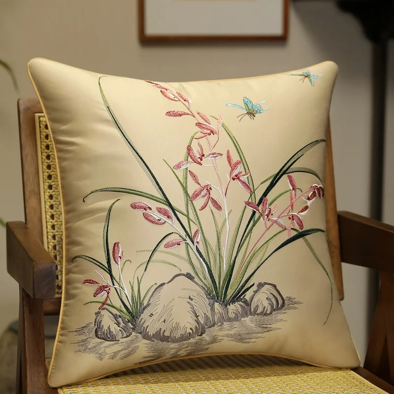 Orchid Embroidery Pillows Chinese Satine Cushion Case Retro Flora Butterfly Decorative Pillow Cover For Sofa Chair Home Decorate