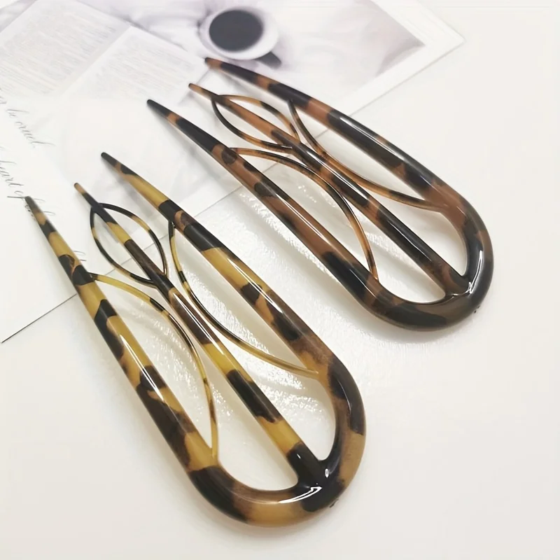 2pcs U-shaped Hair Fork - Leopard Print Gradient Texture Geometric Hair Clip, Minimalist Elegant Hair Pin for Buns, Durable Hair Accessory for Elegant Updos and Daily Wear