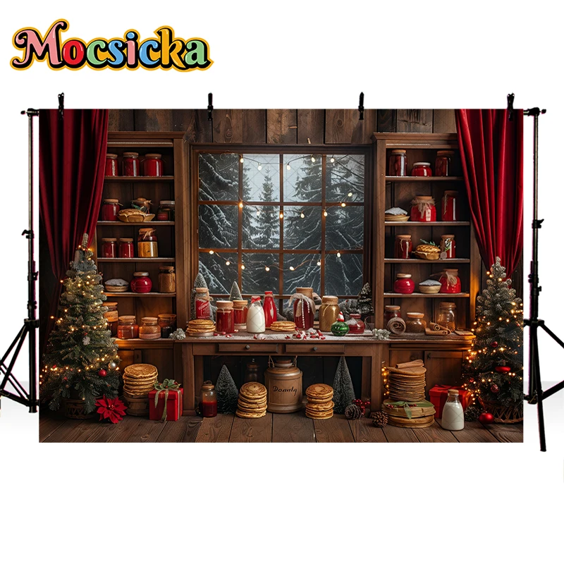 Mocsicka Winter Christmas Kitchen Photography Background Cook Window Xmas Trees Kids Family Portrait Decor Backdrop Photo Studio