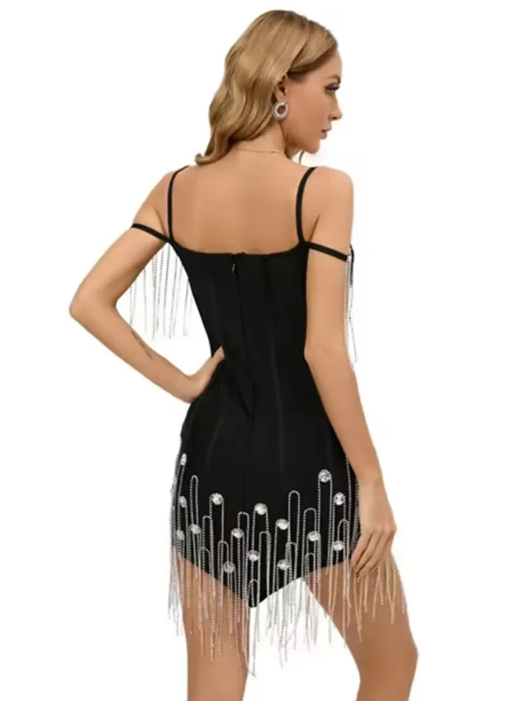 Women Luxury Evening Club Party Dres Sexy Black Spaghetti Strap Crystal Deco Bodycon Mini Short Fringed Bandage Dresses