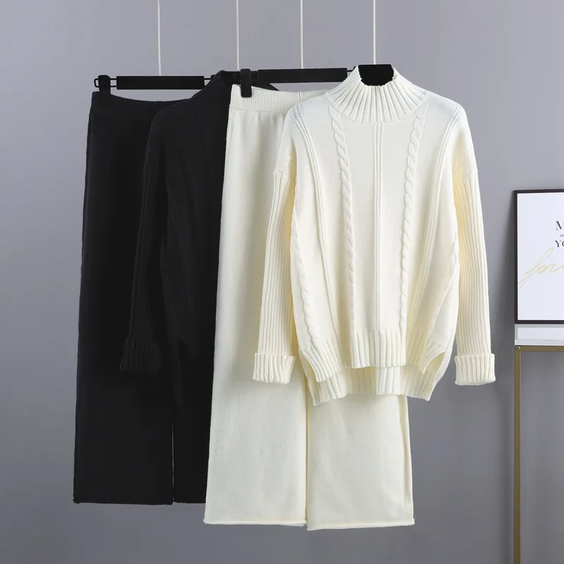 Two Piece Knit Sweater Set for Women Minimalist Tracksuit Sweater Top and Wide Leg Sets Soft Winter E1143