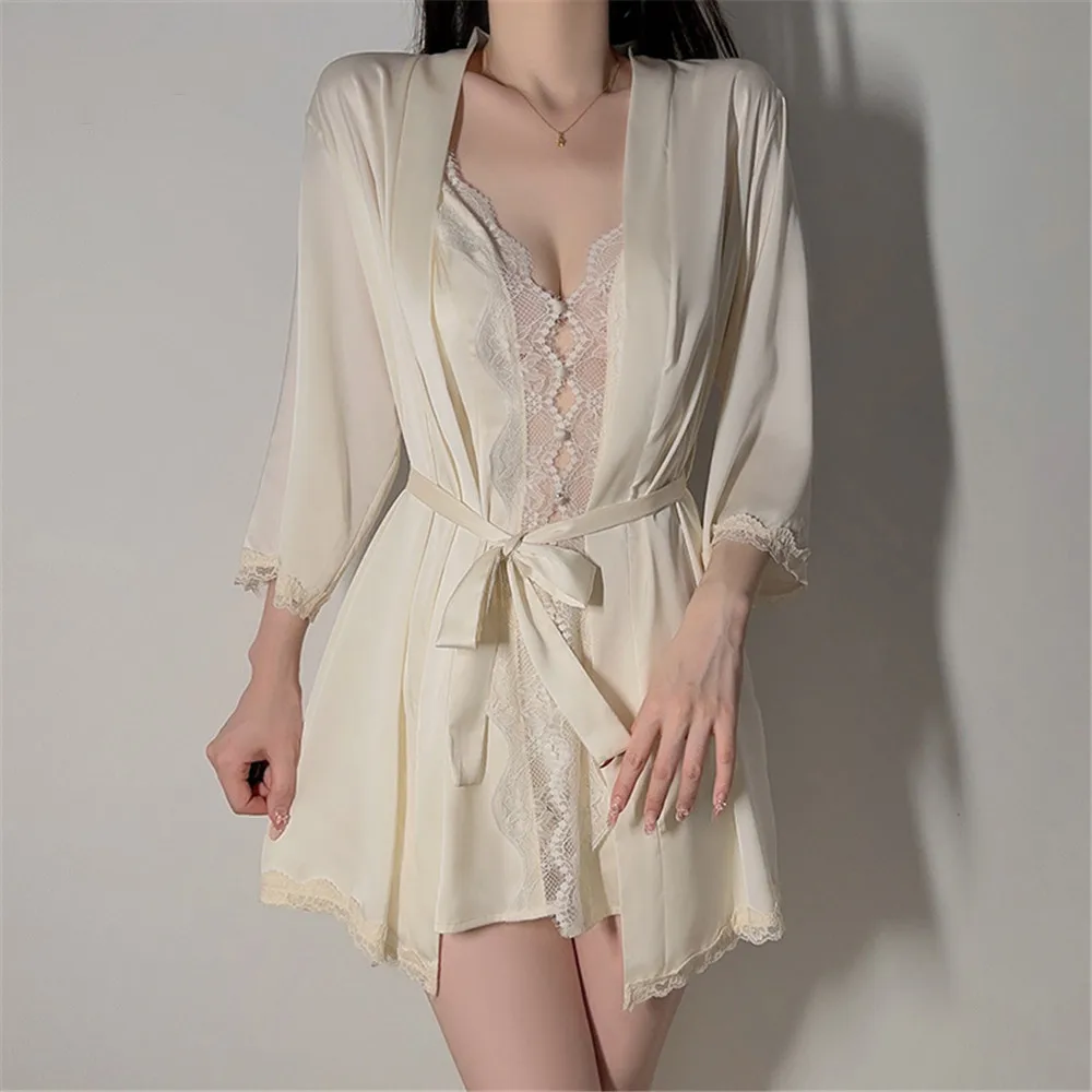 

Сексуальный кружевной лоскутный халат, атласный халат, костюм, женское однотонное кимоно, ночная рубашка с открытой спиной, домашняя одежда
